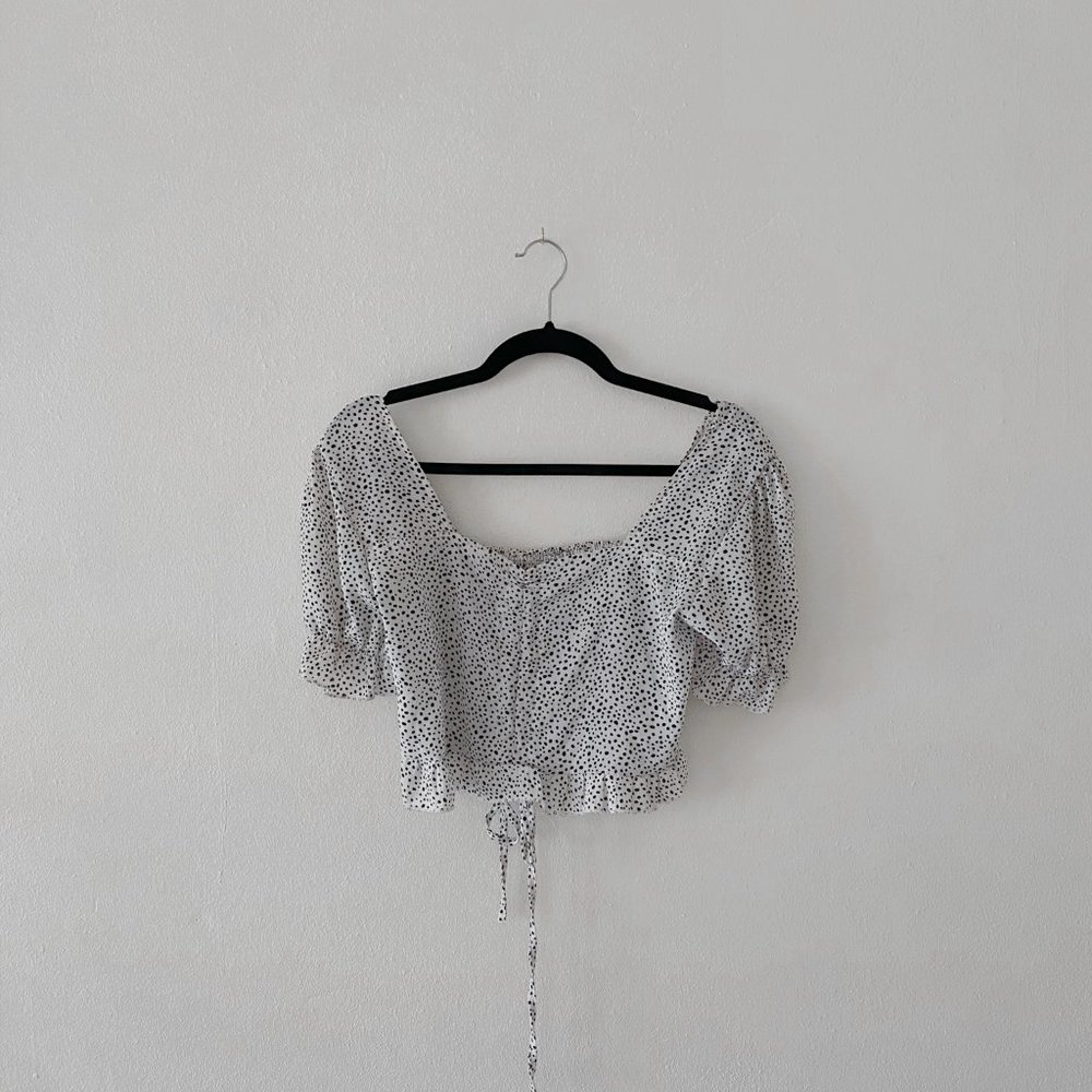 Black and White Spotted Off Shoulder Crop Top